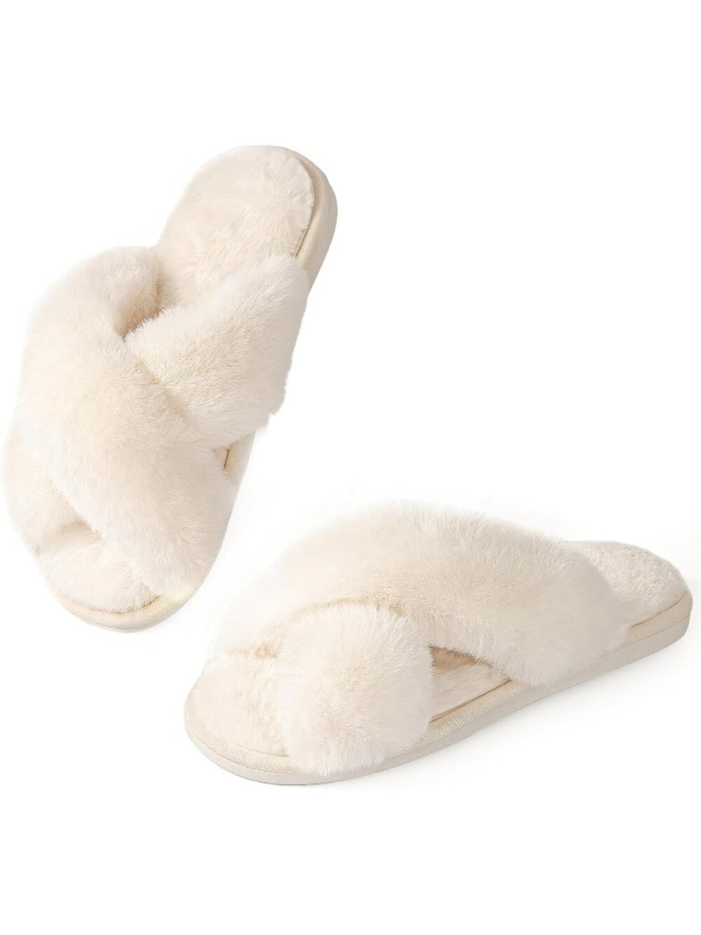 Women's White Cross Band Memory Foam Open Toe Comfy Fuzzy Indoor Slippers